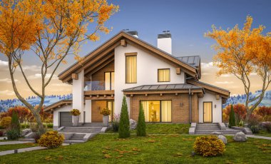dağ evi tarzı ile garaj Satılık veya Kiralık geniş bahçe ve çim ile modern rahat evde 3D render. Penceresinden yumuşak ışık ile serin sonbahar akşam.