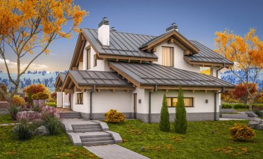 dağ evi tarzı ile garaj Satılık veya Kiralık geniş bahçe ve çim ile modern rahat evde 3D render. Penceresinden yumuşak ışık ile serin sonbahar akşam.
