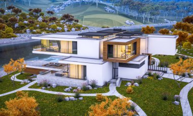modern rahat ev Satılık garaj ile nehir veya arka plan üzerinde güzel dağları ile kira 3D render. Penceresinden yumuşak ışık ile serin sonbahar akşam.