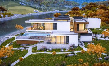 modern rahat ev Satılık garaj ile nehir veya arka plan üzerinde güzel dağları ile kira 3D render. Penceresinden yumuşak ışık ile serin sonbahar akşam.