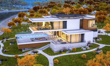 modern rahat ev Satılık garaj ile nehir veya arka plan üzerinde güzel dağları ile kira 3D render. Penceresinden yumuşak ışık ile serin sonbahar akşam.