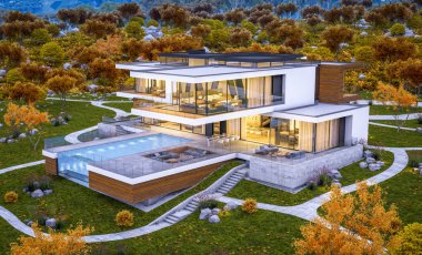 modern rahat ev Satılık garaj ile nehir veya arka plan üzerinde güzel dağları ile kira 3D render. Penceresinden yumuşak ışık ile serin sonbahar akşam.