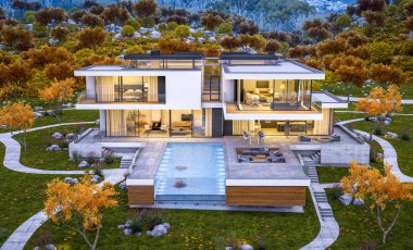 modern rahat ev Satılık garaj ile nehir veya arka plan üzerinde güzel dağları ile kira 3D render. Penceresinden yumuşak ışık ile serin sonbahar akşam.