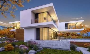 modern rahat ev Satılık garaj ile nehir veya arka plan üzerinde güzel dağları ile kira 3D render. Penceresinden yumuşak ışık ile serin sonbahar akşam.