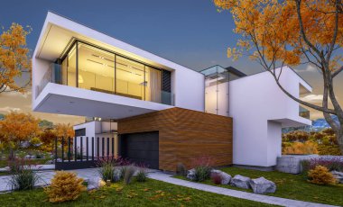 modern rahat ev Satılık garaj ile nehir veya arka plan üzerinde güzel dağları ile kira 3D render. Penceresinden yumuşak ışık ile serin sonbahar akşam.