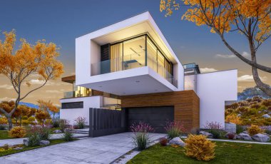 modern rahat ev Satılık garaj ile nehir veya arka plan üzerinde güzel dağları ile kira 3D render. Penceresinden yumuşak ışık ile serin sonbahar akşam.