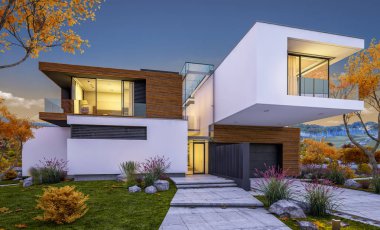 modern rahat ev Satılık garaj ile nehir veya arka plan üzerinde güzel dağları ile kira 3D render. Penceresinden yumuşak ışık ile serin sonbahar akşam.