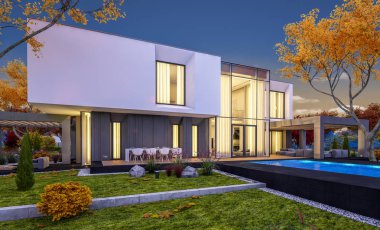 Satılık garaj ile bahçe veya arka plan üzerinde güzel ağaçlar ile kira modern rahat evde 3D render. Yumuşak ışık--dan pencere eşiği ile serin sonbahar akşam.