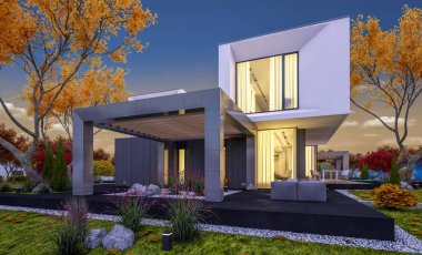 Satılık garaj ile bahçe veya arka plan üzerinde güzel ağaçlar ile kira modern rahat evde 3D render. Yumuşak ışık--dan pencere eşiği ile serin sonbahar akşam.