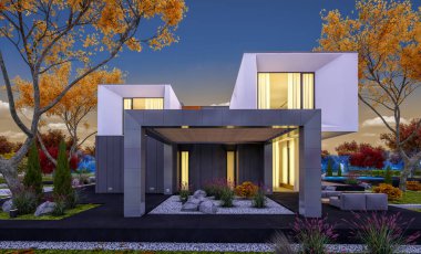 Satılık garaj ile bahçe veya arka plan üzerinde güzel ağaçlar ile kira modern rahat evde 3D render. Yumuşak ışık--dan pencere eşiği ile serin sonbahar akşam.