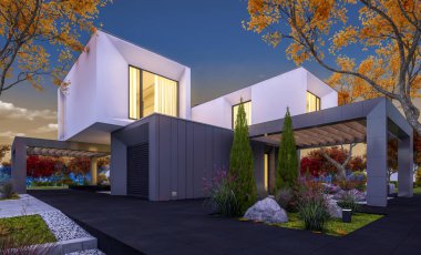 Satılık garaj ile bahçe veya arka plan üzerinde güzel ağaçlar ile kira modern rahat evde 3D render. Yumuşak ışık--dan pencere eşiği ile serin sonbahar akşam.