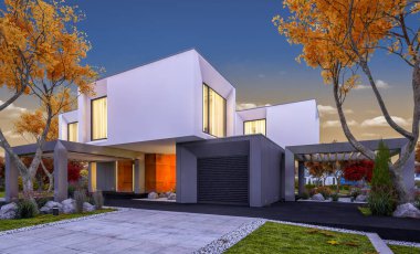 Satılık garaj ile bahçe veya arka plan üzerinde güzel ağaçlar ile kira modern rahat evde 3D render. Yumuşak ışık--dan pencere eşiği ile serin sonbahar akşam.