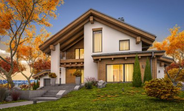 dağ evi tarzı ile garaj Satılık veya Kiralık geniş bahçe ve çim ile modern rahat evde 3D render. Penceresinden yumuşak ışık ile serin sonbahar akşam.