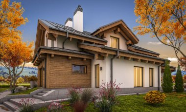 dağ evi tarzı ile garaj Satılık veya Kiralık geniş bahçe ve çim ile modern rahat evde 3D render. Penceresinden yumuşak ışık ile serin sonbahar akşam.