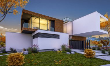modern rahat ev Satılık garaj ile nehir veya arka plan üzerinde güzel dağları ile kira 3D render. Penceresinden yumuşak ışık ile serin sonbahar akşam.