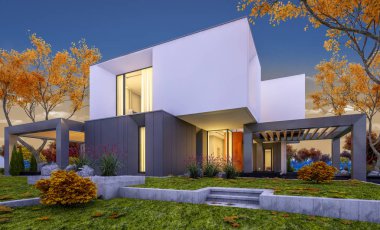 Satılık garaj ile bahçe veya arka plan üzerinde güzel ağaçlar ile kira modern rahat evde 3D render. Yumuşak ışık--dan pencere eşiği ile serin sonbahar akşam.