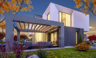 Satılık garaj ile bahçe veya arka plan üzerinde güzel ağaçlar ile kira modern rahat evde 3D render. Yumuşak ışık--dan pencere eşiği ile serin sonbahar akşam.