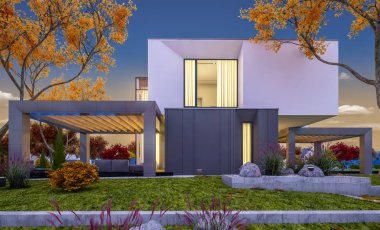 Satılık garaj ile bahçe veya arka plan üzerinde güzel ağaçlar ile kira modern rahat evde 3D render. Yumuşak ışık--dan pencere eşiği ile serin sonbahar akşam.