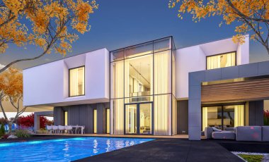 Satılık garaj ile bahçe veya arka plan üzerinde güzel ağaçlar ile kira modern rahat evde 3D render. Yumuşak ışık--dan pencere eşiği ile serin sonbahar akşam.