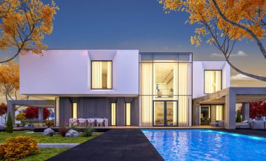 Satılık garaj ile bahçe veya arka plan üzerinde güzel ağaçlar ile kira modern rahat evde 3D render. Yumuşak ışık--dan pencere eşiği ile serin sonbahar akşam.