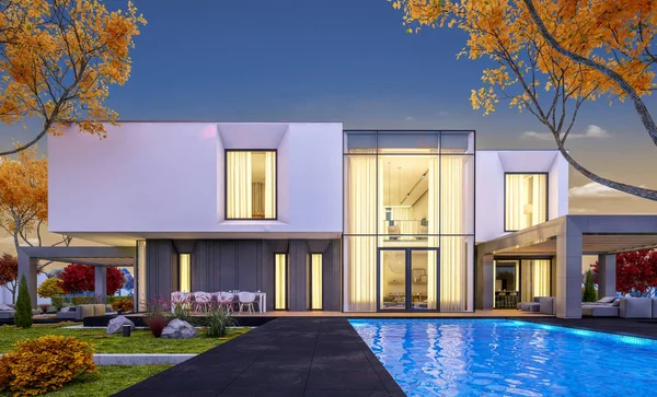 Satılık garaj ile bahçe veya arka plan üzerinde güzel ağaçlar ile kira modern rahat evde 3D render. Yumuşak ışık--dan pencere eşiği ile serin sonbahar akşam.