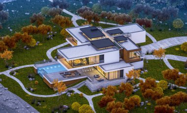 modern rahat ev Satılık garaj ile nehir veya arka plan üzerinde güzel dağları ile kira 3D render. Penceresinden yumuşak ışık ile serin sonbahar akşam.