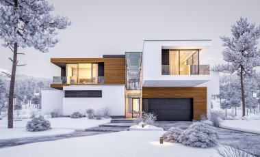 modern rahat ev garaj ile nehrin 3D render. Sıcak sıcak ışık--dan pencere eşiği ile kış akşam ne yapıyorsun? Satılık ve kiralık zemin üzerine güzel dağları ile.