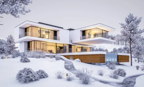 3d rendering of modern cozy house by the river with garage. Cool winter evening with cozy warm light from windows. For sale or rent with beautiful mountains on background.