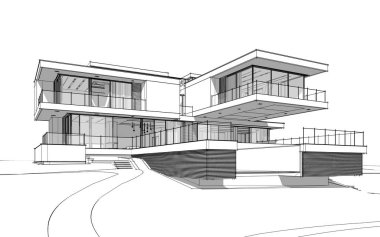 Satılık ve kiralık garaj ile nehrin yanında modern rahat ev 3D işleme sketch. Beyaz arka plan üzerinde yumuşak hafif gölgeler ile siyah çizgi kroki.