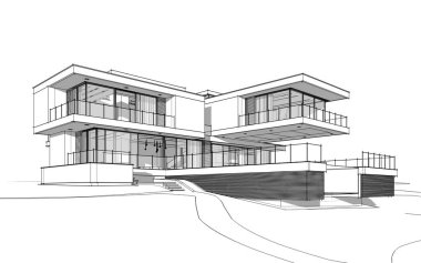 Satılık ve kiralık garaj ile nehrin yanında modern rahat ev 3D işleme sketch. Beyaz arka plan üzerinde yumuşak hafif gölgeler ile siyah çizgi kroki.