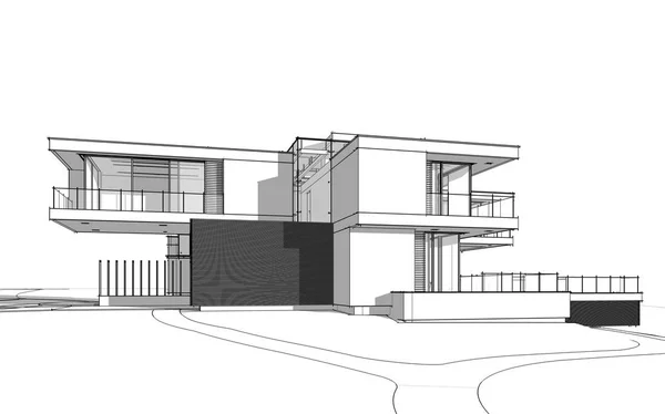 Rendering Sketch Modern Cozy House River Garage Sale Rent Black — Stock Photo, Image