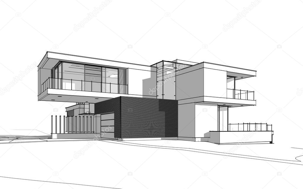 3d rendering sketch of modern cozy house by the river with garage for sale or rent. Black line sketch with soft light shadows on white background.