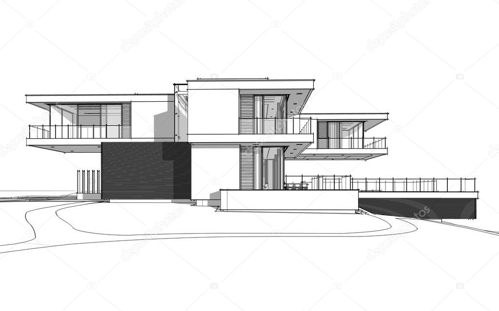 3d rendering sketch of modern cozy house by the river with garage for sale or rent. Black line sketch with soft light shadows on white background.