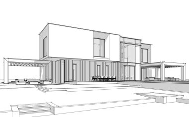 Satılık ve kiralık garaj ile nehrin yanında modern rahat ev 3D işleme sketch. Beyaz arka plan üzerinde yumuşak hafif gölgeler ile siyah çizgi kroki.