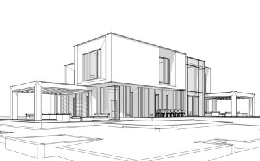 Satılık ve kiralık garaj ile nehrin yanında modern rahat ev 3D işleme sketch. Beyaz arka plan üzerinde yumuşak hafif gölgeler ile siyah çizgi kroki.