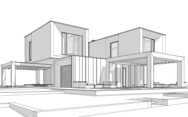 Satılık ve kiralık garaj ile nehrin yanında modern rahat ev 3D işleme sketch. Beyaz arka plan üzerinde yumuşak hafif gölgeler ile siyah çizgi kroki.