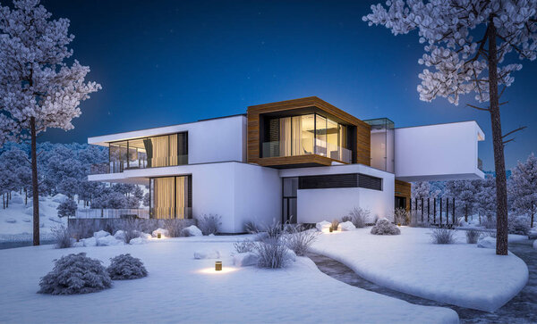 3D рендеринг современного уютного дома на берегу реки с гаражом. Прохладная зимняя ночь с уютным теплым светом из окон. Продажа или аренда с красивыми горами на заднем плане
.