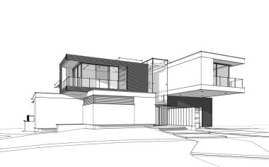 Satılık ve kiralık garaj ile nehrin yanında modern rahat ev 3D işleme sketch. Beyaz arka plan üzerinde yumuşak hafif gölgeler ile siyah çizgi kroki.