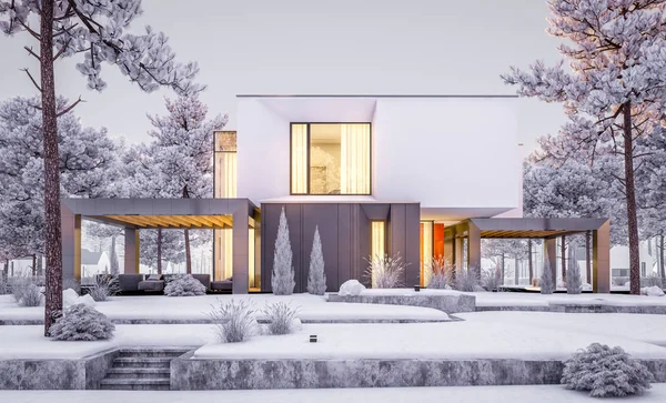 Weergave Van Moderne Gezellige Woning Met Garage Tuin Koele Winteravond — Stockfoto