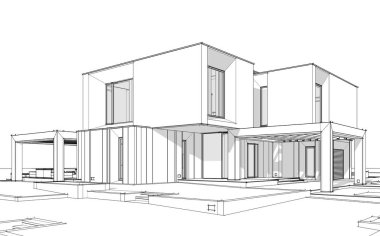 Satılık ve kiralık garaj ile nehrin yanında modern rahat ev 3D işleme sketch. Beyaz arka plan üzerinde yumuşak hafif gölgeler ile siyah çizgi kroki.