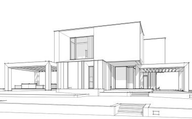 Satılık ve kiralık garaj ile nehrin yanında modern rahat ev 3D işleme sketch. Beyaz arka plan üzerinde yumuşak hafif gölgeler ile siyah çizgi kroki.