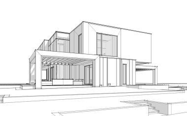 Satılık ve kiralık garaj ile nehrin yanında modern rahat ev 3D işleme sketch. Beyaz arka plan üzerinde yumuşak hafif gölgeler ile siyah çizgi kroki.