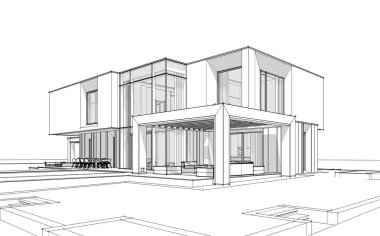 Satılık ve kiralık garaj ile nehrin yanında modern rahat ev 3D işleme sketch. Beyaz arka plan üzerinde yumuşak hafif gölgeler ile siyah çizgi kroki.
