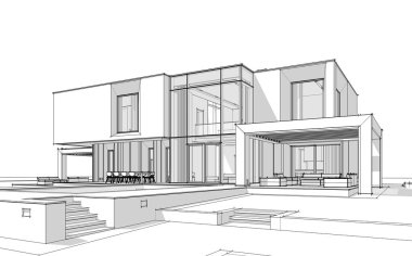 Satılık ve kiralık garaj ile nehrin yanında modern rahat ev 3D işleme sketch. Beyaz arka plan üzerinde yumuşak hafif gölgeler ile siyah çizgi kroki.