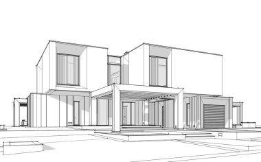 Satılık ve kiralık garaj ile nehrin yanında modern rahat ev 3D işleme sketch. Beyaz arka plan üzerinde yumuşak hafif gölgeler ile siyah çizgi kroki.