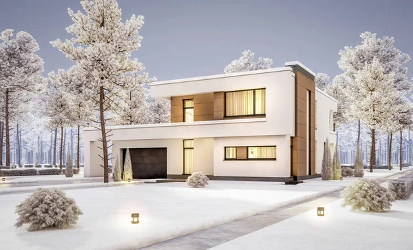 3d rendering of modern cozy house with garage for sale or rent with many snow on lawn. Cool winter evening with cozy warm light from windows.