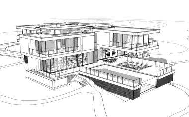 Satılık ve kiralık garaj ile nehrin yanında modern rahat ev 3D işleme sketch. Beyaz arka plan üzerinde yumuşak hafif gölgeler ile siyah çizgi kroki.