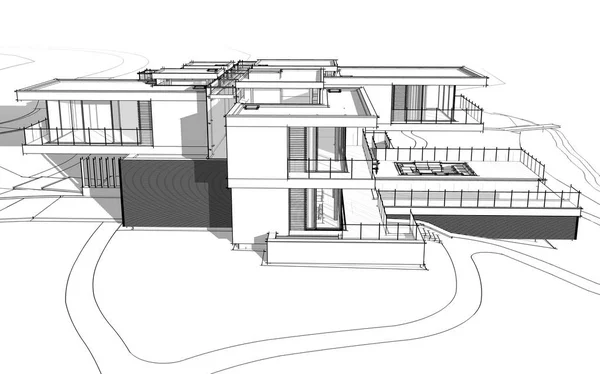 Representación Boceto Casa Acogedora Moderna Junto Río Con Garaje Venta — Foto de Stock