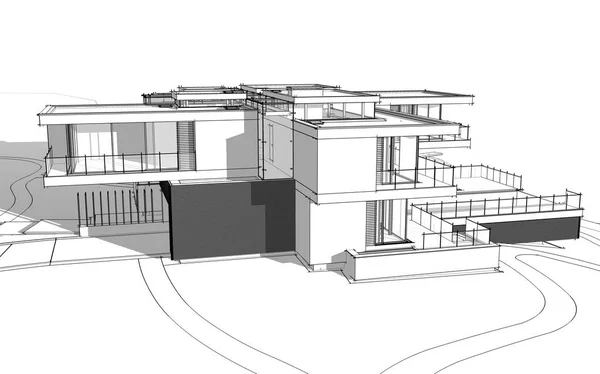 Representación Boceto Casa Acogedora Moderna Junto Río Con Garaje Venta — Foto de Stock