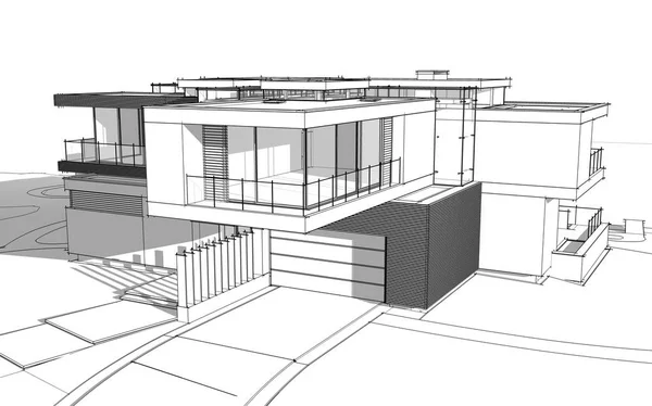 Szkic Renderowania Nowoczesne Przytulnym Domu Nad Rzeką Garażem Sprzedaż Lub — Zdjęcie stockowe